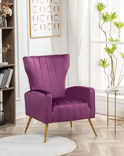 Armchair Modern Velvet Accent Chair, Channel Tufted Bedroom, Office or Living Room Furniture with Elegant Metal Legs, Purple - LeafyLoom