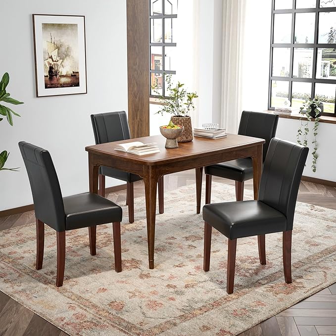 Soohow Upholstered Set of 2 with Solid Wood Legs Armless Indoor Dining Room, Kitchen Table Parson Chairs, Black Leather - LeafyLoom