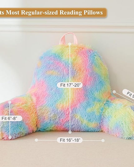 XeGe Fluffy Back Support Pillow Cover for Bed (No Filler), Tie Dye Faux Fur Backrest Pillow Case, Furry Reading Pillow Cover with Arms Adults Kids Girls, Fuzzy Sit Up Study Pillow for Floor, Rainbow - LeafyLoom