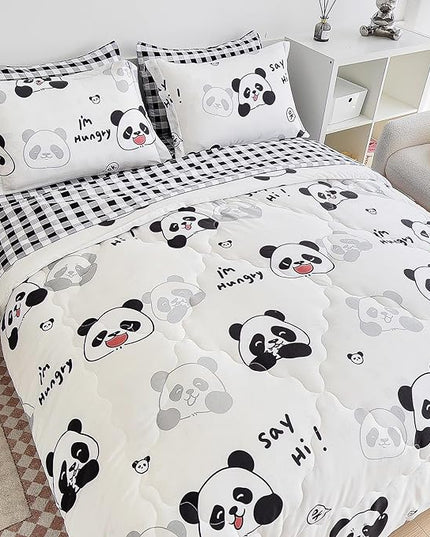 7 Piece Kids Panda Comforter Set Twin Size - Black White Cute Panda Bedding Set Bed in A Bag for Girls Boys Teens - Soft Comfortable Machine Washable Bed Set - LeafyLoom