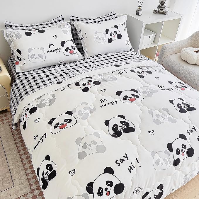 7 Piece Kids Panda Comforter Set Twin Size - Black White Cute Panda Bedding Set Bed in A Bag for Girls Boys Teens - Soft Comfortable Machine Washable Bed Set - LeafyLoom