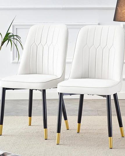 Modern Set of 2, Faux Leather Dining PU Upholstered White Kitchen Chairs with Black Golden Metal Legs for Home Living Room, Restaurant, 2 Piece - LeafyLoom