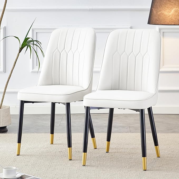Modern Set of 2, Faux Leather Dining PU Upholstered White Kitchen Chairs with Black Golden Metal Legs for Home Living Room, Restaurant, 2 Piece - LeafyLoom