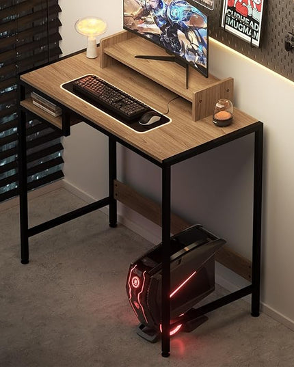Computer Desk - 32 Inch Home Office Desk with Storage, Gaming Desk with Monitor Stand, Modern Simple Study Table, Adjustable Storage Space, Grey - LeafyLoom