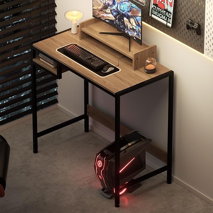 Computer Desk - 32 Inch Home Office Desk with Storage, Gaming Desk with Monitor Stand, Modern Simple Study Table, Adjustable Storage Space, Grey - LeafyLoom