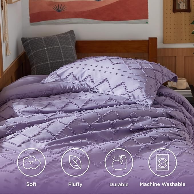 Bedsure Twin/Twin XL Comforter Set - Grayish Purple Boho Twin Extra Long Comforter Set for College, Shabby Chic Dorm Bedding Set, 2 Pieces Modern Farmhouse Bed Set, includes 1 Pillow Sham - LeafyLoom