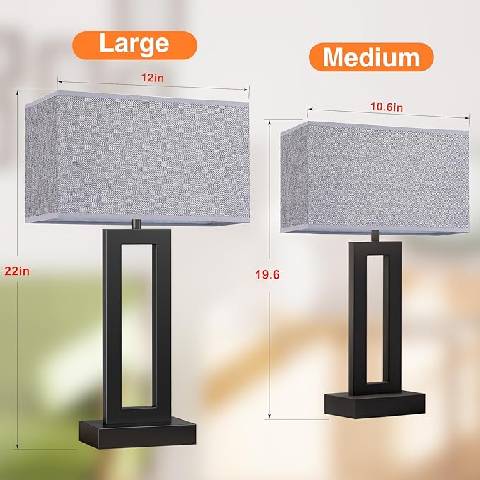 22" Tall Living Room Lamps for Night Stands - Touch Bedside Lamp with USB C+A, 3 Way Dimmable bedroom Lamps for End Tables Set of 2, Modern Night Stand Lamps for Bed Side(Grey&Black) - LeafyLoom