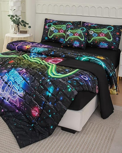 NINENINE 6PCS Gamer Bedding Sets for boys,Twin Comforter Sets for Boys, Gaming Bedding Sets for boys gamer Bedding Comforter Sheet Set(1Comforter,1Flat Sheet,1Fitted Sheet,1Cushion Cover,2Pillowcases - LeafyLoom