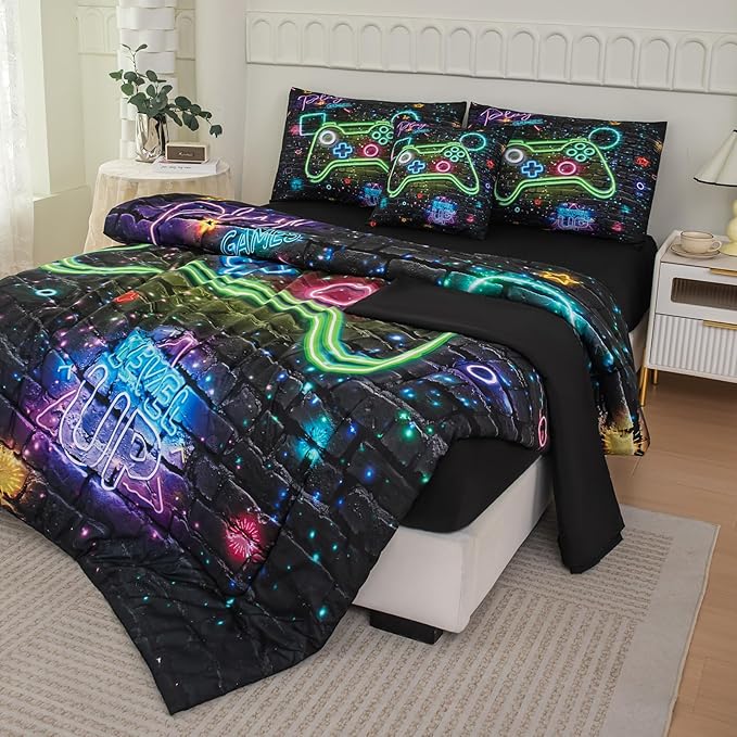 NINENINE Gamer Bedding Sets, 6PCS Full Size Comforter Size for Boys,Gaming Bedding Sets for Boys Bed in A Bag Gamer Comforter Sets(1Comforter,1Flat Sheet,1Fitted Sheet,1Cushion Cover,2Pillowcases)… - LeafyLoom