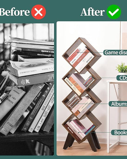 Yoobure Small Bookshelf, Tall 4-Tier Book Shelf, Wood Bookcase Book Organizer, Industrial Bookshelves Floor Standing for CDs/Books in Small Spaces, Bedroom, Living Room, Home Office - LeafyLoom