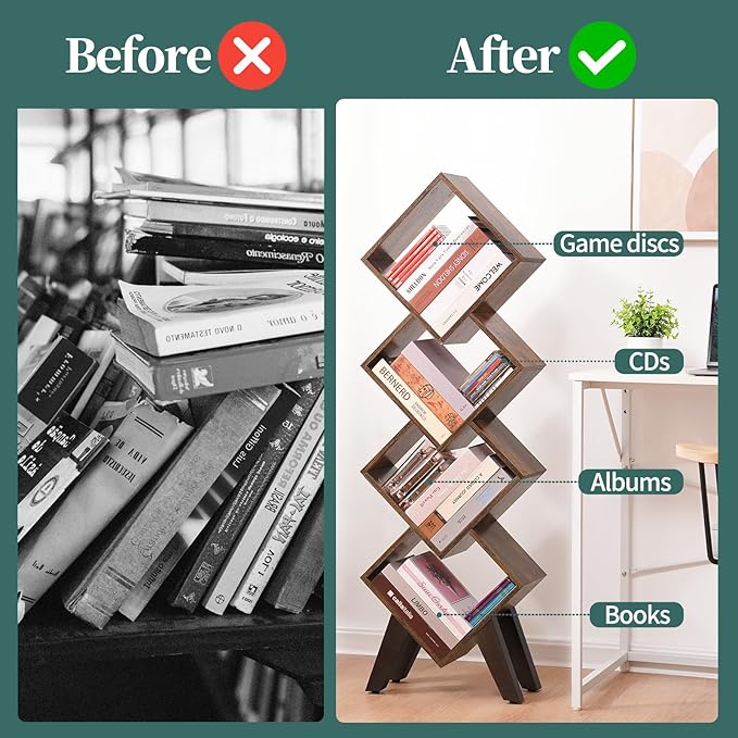 Yoobure Small Bookshelf, Tall 4-Tier Book Shelf, Wood Bookcase Book Organizer, Industrial Bookshelves Floor Standing for CDs/Books in Small Spaces, Bedroom, Living Room, Home Office - LeafyLoom