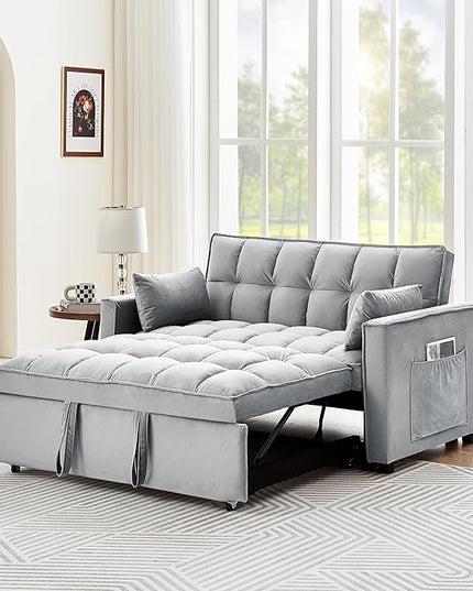 Full Size Pull 3 in 1 Convertible, Fluffy Velvet Loveseat Cama, Lounge Sleeper Sofa with Pullout Bed, Small Futon Couch for Living Room, Bedroom, 55" W, Grey - LeafyLoom