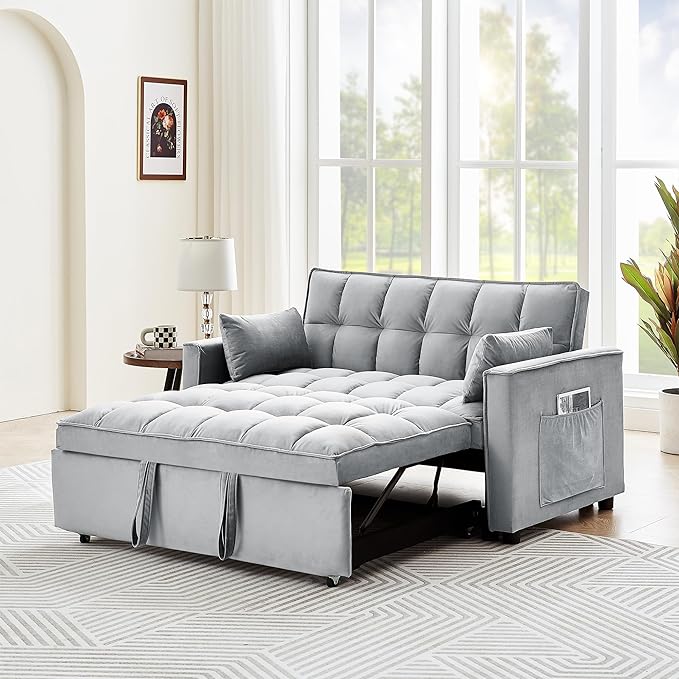 Full Size Pull 3 in 1 Convertible, Fluffy Velvet Loveseat Cama, Lounge Sleeper Sofa with Pullout Bed, Small Futon Couch for Living Room, Bedroom, 55" W, Grey - LeafyLoom