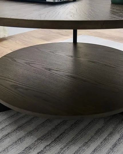 MODERION Round Coffee Table with Storage Shelf, Farmhouse Living Room Cocktail Table with Black Metal Legs, Circular Solid Wood Center Tea/ Sofa Table, 35.3''Dx17.8''H, Brushed Black KFZ1338BK - LeafyLoom