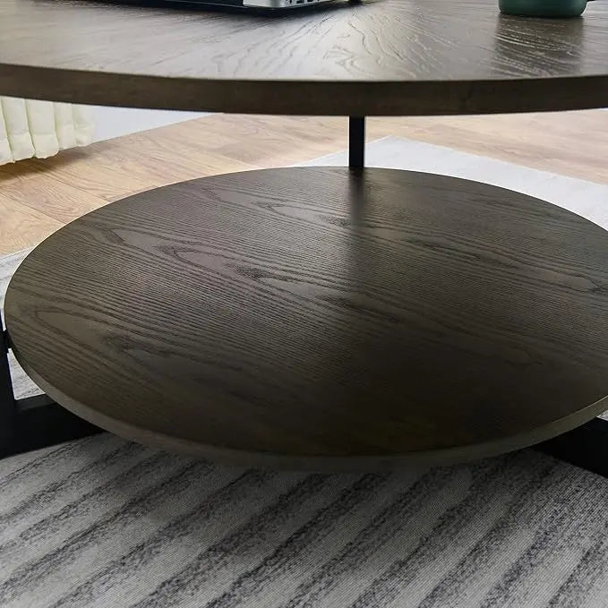 MODERION Round Coffee Table with Storage Shelf, Farmhouse Living Room Cocktail Table with Black Metal Legs, Circular Solid Wood Center Tea/ Sofa Table, 35.3''Dx17.8''H, Brushed Black KFZ1338BK - LeafyLoom