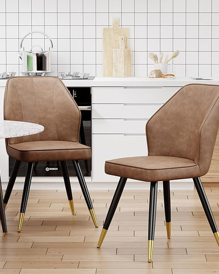 Brown Faux Leather Dining Chairs Set of 2, Mid Century Modern Kitchen Dining Room Chairs Upholstered Armless Accent Side Chairs with Metal Legs - LeafyLoom