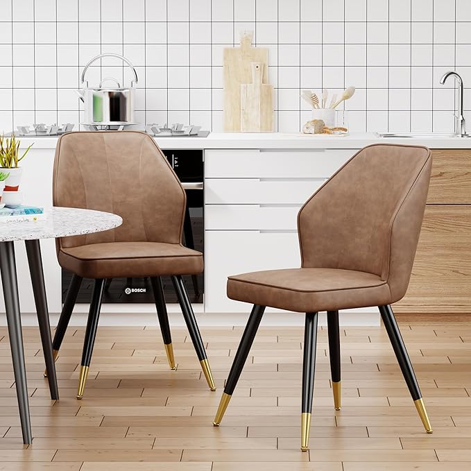 Brown Faux Leather Dining Chairs Set of 2, Mid Century Modern Kitchen Dining Room Chairs Upholstered Armless Accent Side Chairs with Metal Legs - LeafyLoom