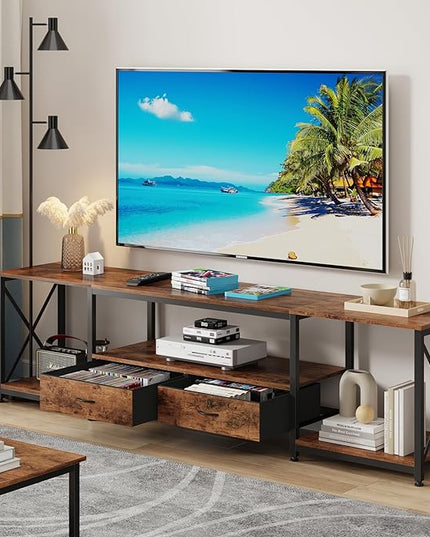 TV Stand with Fabric Drawers for 80 85 Inches TV - Entertainment Center and Industrial TV Console Table with Open Storage Shelves for Living Room, Bedroom- 79.1" Rustic Brown - LeafyLoom