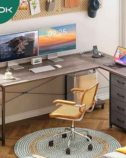 AODK L Shaped Desk with 4 Tier Drawers, 61" Reversible Gaming Desk with Power Outlets, L Shaped Computer Desk with USB Charging Port and Host Stand, Home Office Corner Desk, Easy to Assemble, Grey Oak - LeafyLoom