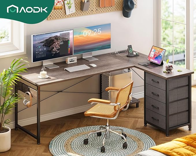 AODK L Shaped Desk with 4 Tier Drawers, 61" Reversible Gaming Desk with Power Outlets, L Shaped Computer Desk with USB Charging Port and Host Stand, Home Office Corner Desk, Easy to Assemble, Grey Oak - LeafyLoom