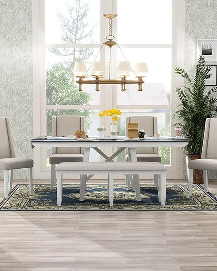 78Inch Dining Table Set for 6, Rectangular Extendable Dining Table with two 12" W Removable Leaves and 4 Upholstered Chairs & 1 Bench for Dining Room, Grey+White - LeafyLoom