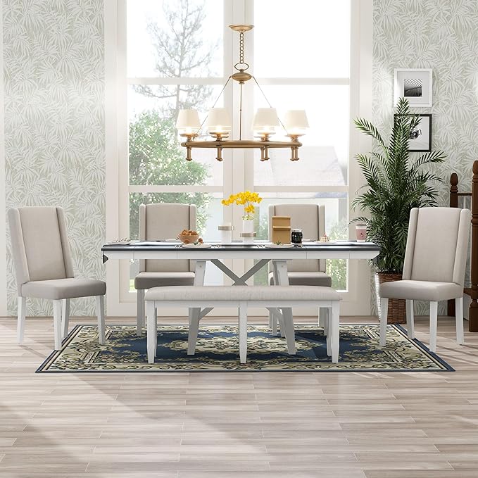 78Inch Dining Table Set for 6, Rectangular Extendable Dining Table with two 12" W Removable Leaves and 4 Upholstered Chairs & 1 Bench for Dining Room, Grey+White - LeafyLoom