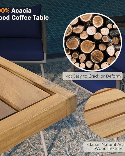 4-Piece Outdoor Patio Furniture Boho Rope Weave Set, Conversation Loveseat Sofa&Chairs with Acacia Wood Table and Thick Cushions, for Garden Backyard Balcony, Onesize, Navy Blue - LeafyLoom