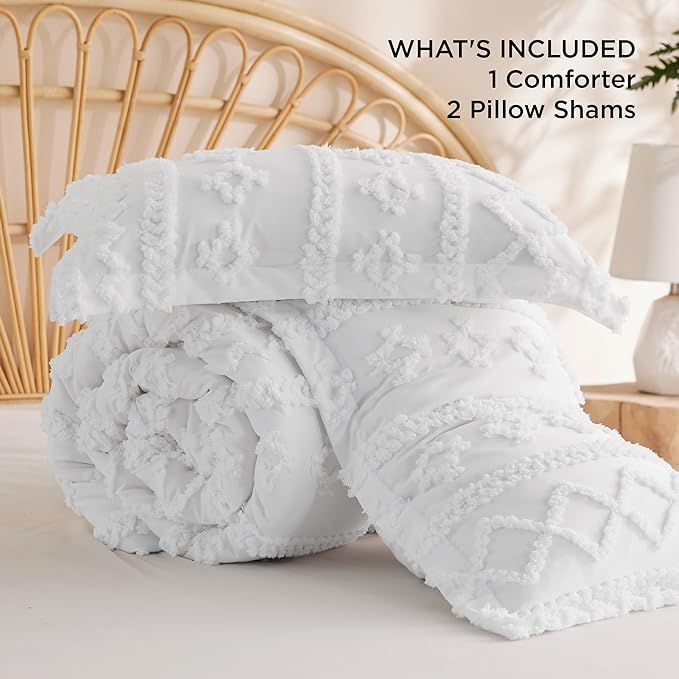 Bedsure Tufted Boho Comforter Set California King - Linen Boho Bedding Comforter Set, 3 Pieces Farmhouse Shabby Chic Embroidery Bed Set, Soft Jacquard Comforter for Women Men Girls - LeafyLoom