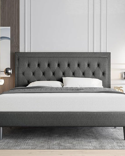 Allewie Queen Size Button Tufted Platform Bed Frame/Fabric Upholstered Bed Frame with Adjustable Headboard/Wood Slat Support/Mattress Foundation/Dark Grey (Queen) - LeafyLoom