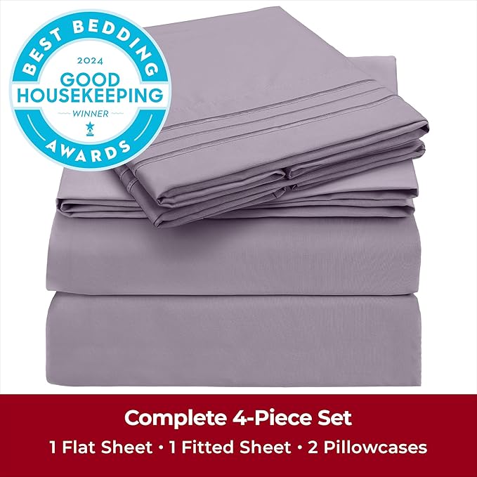 Mellanni California King Sheets Set - 4 PC Iconic Collection Bedding Sheets & Pillowcases - Hotel Luxury, Extra Soft, Cooling Bed Sheets - Deep Pocket up to 16 inch (Cal King, Hazy Lilac) - LeafyLoom