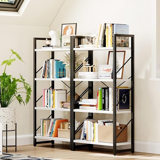 DWVO 4 Tier Bookshelf, Small Book Shelf Modern Bookcase, Narrow Book Case Book Storage Organizer for CD/Movie/Book, Bookshelves for Bedroom Office Living Room, White & Black - LeafyLoom
