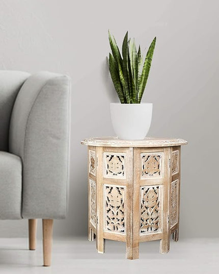 Hand Crafted Solid Wood Accent Table, Side Table, Entryway Table, Wooden End Table, Octagonal Wooden Table - 18 Inch Round Top x 18 Inch High - White - LeafyLoom