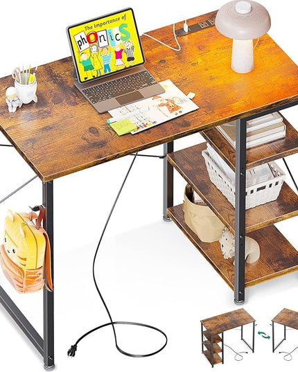 AODK Laptop Desk Small Desk, 32 Inch Computer Desk with Power Outlet and USB & Type-C Charging Port, Writing Desk with 3-Tier Reversible Storage Shelf for Home Office, 32'' x 16'', Rustic Brown - LeafyLoom