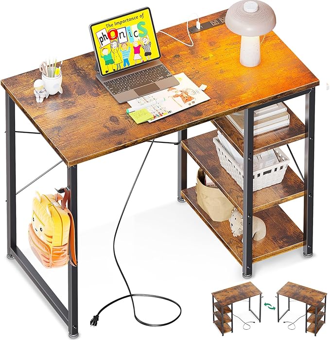 AODK Laptop Desk Small Desk, 32 Inch Computer Desk with Power Outlet and USB & Type-C Charging Port, Writing Desk with 3-Tier Reversible Storage Shelf for Home Office, 32'' x 16'', Rustic Brown - LeafyLoom