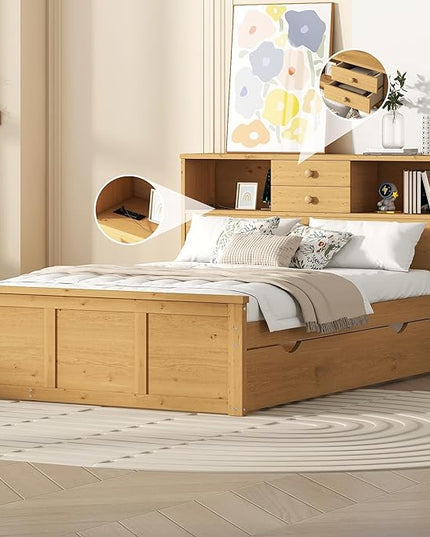Full Size Wood Pltaform Trundle and 3 Drawers/Upper Shelves,Multifunctional Storage Bed Frame,W/a Set of USB Ports & Sockets,for Apartment,Bedroom,Living Room,Natural - LeafyLoom
