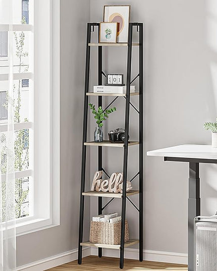 Ladder Shelf, Bookshelf Bookcase, Freestanding Corner Storage Shelve with 2 Hooks for Home Office, Living Room, Kitchen, Bedroom, Industrial, 5-Tier Greige BC03205B - LeafyLoom