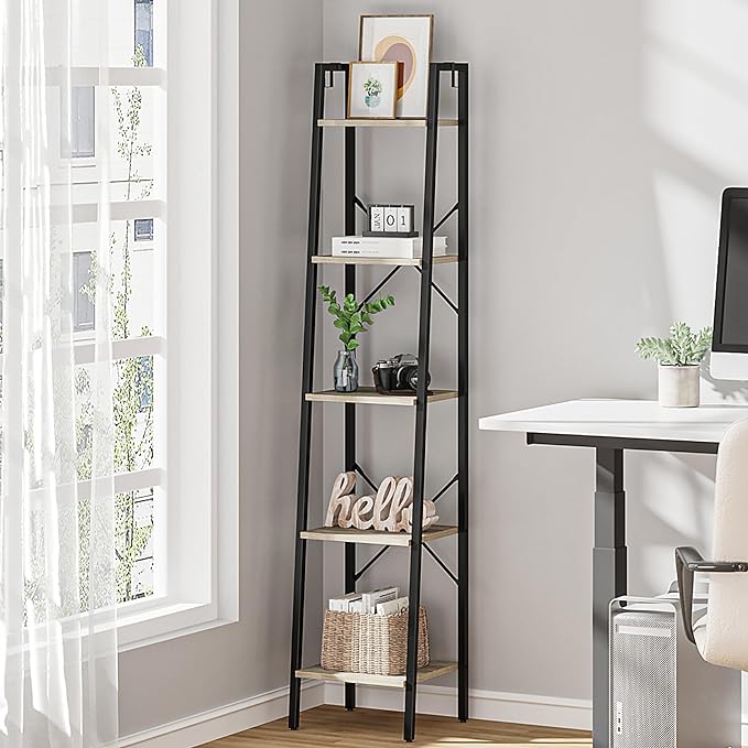 Ladder Shelf, Bookshelf Bookcase, Freestanding Corner Storage Shelve with 2 Hooks for Home Office, Living Room, Kitchen, Bedroom, Industrial, 5-Tier Greige BC03205B - LeafyLoom