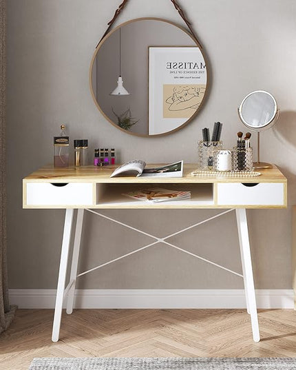 Need Computer Desk with Storage Desk Drawer Dressing Table,Writing Table Modern Desk with 2 Drawers, Makeup Vanity Table GCBG1019-ND, Oak - LeafyLoom