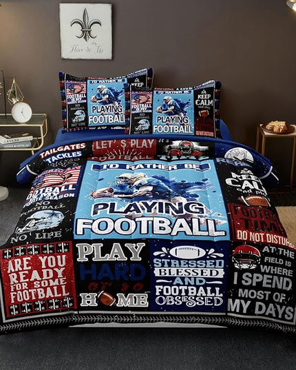 American Football Bedding Twin for Teen Boys, Kids Sports Comforter Set Bed in A Bag, Blue Children Bed Set with Sheets Twin Size - LeafyLoom