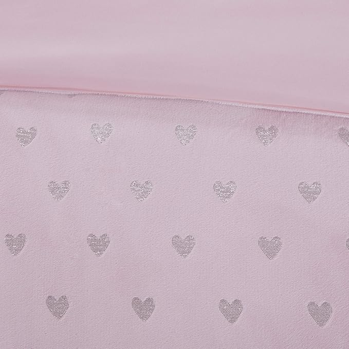 Mi Zone Rosalie Comforter Set for Girls, Ultra-Soft Microlight Plush Metallic Printed Hearts Brushed Reverse Overfilled Down Alternative Hypoallergenic All Season, , Full/Queen, Pink/Silver, 4 Piece - LeafyLoom
