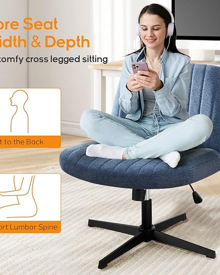 Criss Cross Chair, Cross Legged Office Chair, Wide Comfty Desk Chair, No Wheels Armless Computer Task Chair, Swivel Vanity Home Chair, Height Adjustable - LeafyLoom