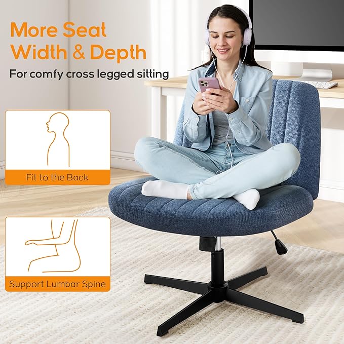 Criss Cross Chair, Cross Legged Office Chair, Wide Comfty Desk Chair, No Wheels Armless Computer Task Chair, Swivel Vanity Home Chair, Height Adjustable - LeafyLoom