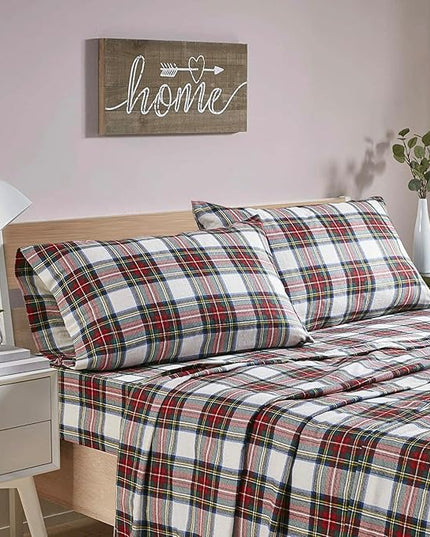 Comfort Spaces Cotton Flannel Breathable Warm Deep Pocket Sheets with Pillow Case Bedding, King, Red Plaid Scottish Plaid 4 Piece - LeafyLoom