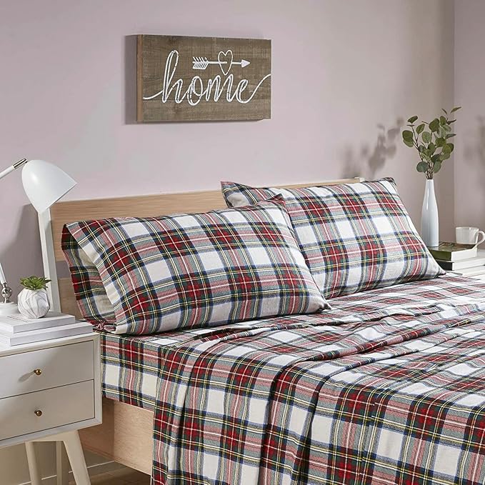 Comfort Spaces Cotton Flannel Breathable Warm Deep Pocket Sheets with Pillow Case Bedding, King, Red Plaid Scottish Plaid 4 Piece - LeafyLoom