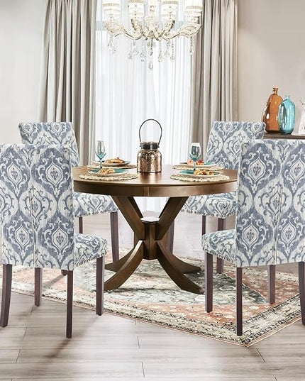 Parsons Dining Chairs Set of 2, Upholstered Nailhead Dining Room Kitchen Side Chair with Thick Cushions and Wood Legs, White/Blue - LeafyLoom