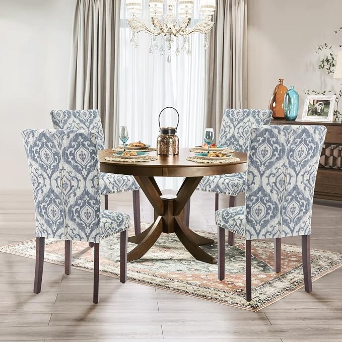 Parsons Dining Chairs Set of 2, Upholstered Nailhead Dining Room Kitchen Side Chair with Thick Cushions and Wood Legs, White/Blue - LeafyLoom