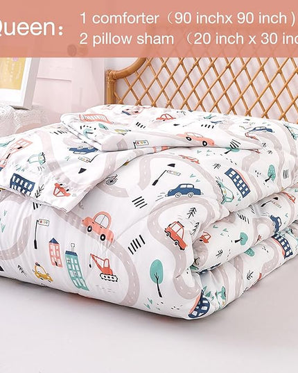JSD Car Kids Printed Comforter Set for Boys Girls, 3 Pieces Queen Microfiber Comforter with Pillow Sham, Soft Comfortable Machine Washable - LeafyLoom