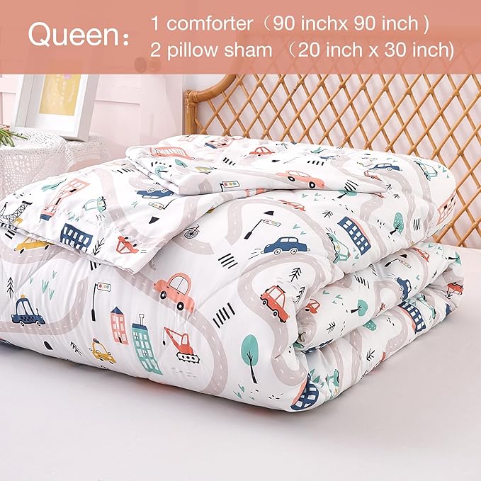 JSD Car Kids Printed Comforter Set for Boys Girls, 3 Pieces Queen Microfiber Comforter with Pillow Sham, Soft Comfortable Machine Washable - LeafyLoom