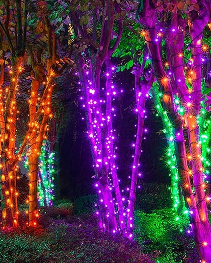 Dazzle Bright 2 Pack Total 400LED 132FT Halloween Solar String Outdoor Lights, 8 Modes Waterproof Halloween Lights for Bedroom Patio Garden Tree Party Yard Decoration (Purple & Orange) DazzleBright