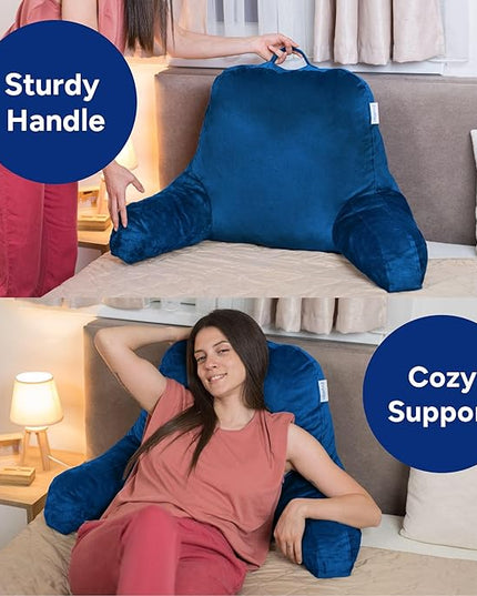 ComfortSpa Reading Pillow Bed Wedge Large Adult Backrest Lounge Cushion w/Arms Pockets Lumbar Back Support for Sitting Up GERD Heartburn Made in The USA w/Stain Resistant Removable Cover - LeafyLoom